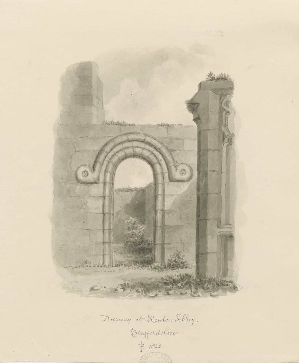 Ranton Abbey [Priory] - Egy ajtónyílás maradványai: szépia rajz alkotó: John Buckler