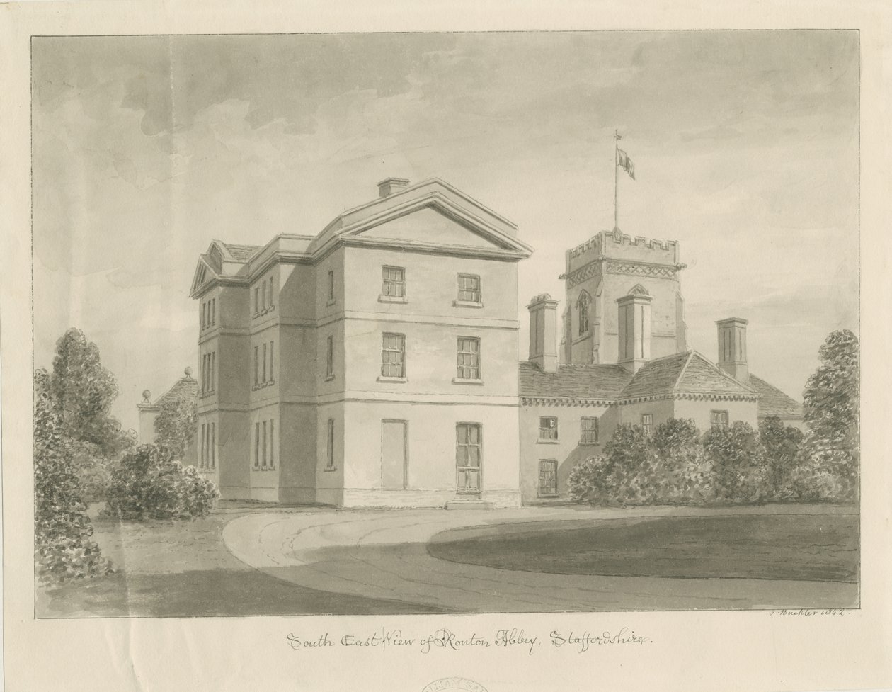 Ranton Abbey [Priory]: szépia rajz, 1842 alkotó: John Buckler