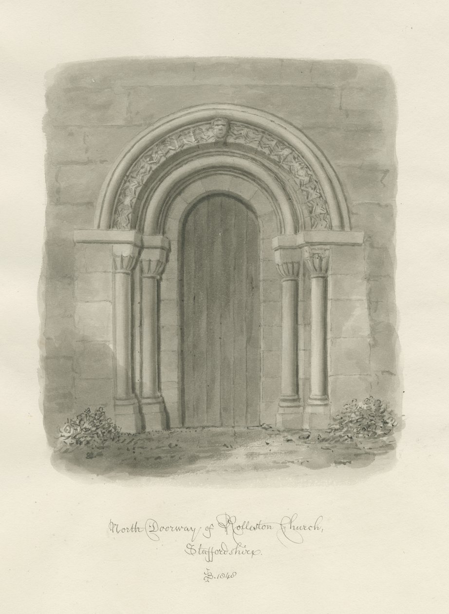 Rolleston templom - Északi ajtó: szépia rajz alkotó: John Buckler