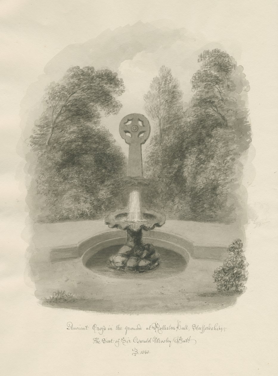 Rolleston Hall – Ősi kereszt: szépia rajz, 1848 alkotó: John Buckler