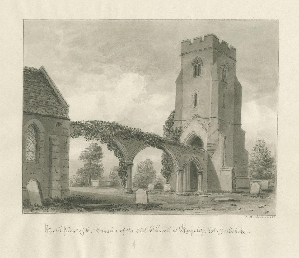 Rugeley templom (régi): szépia rajz alkotó: John Buckler