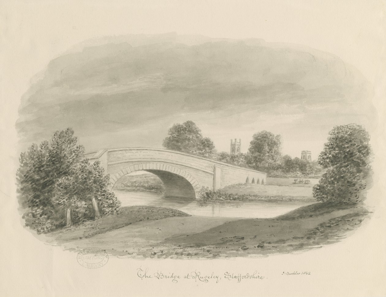 Rugeley Town – Híd: szépia rajz, 1842 alkotó: John Buckler