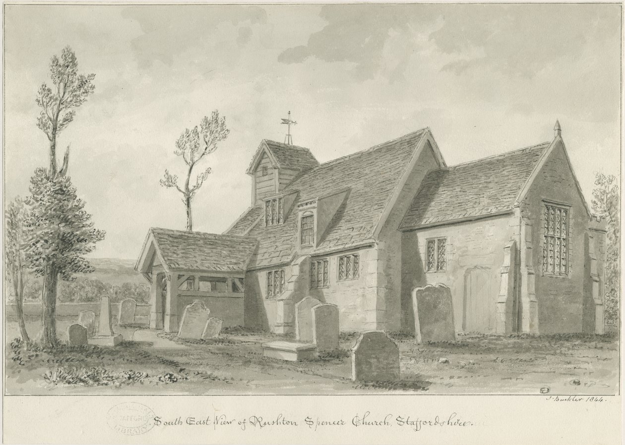 Rushton Spencer Church: szépia mosás rajza, 1844 alkotó: John Buckler
