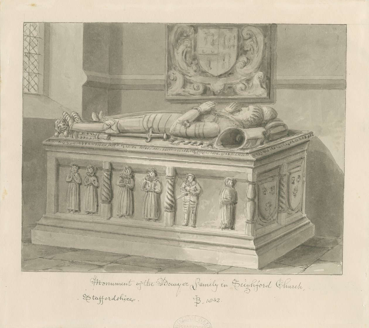 Seighford Church – William és Mercy Bowyer sírja: szépia mosás rajz, 1842 alkotó: John Buckler