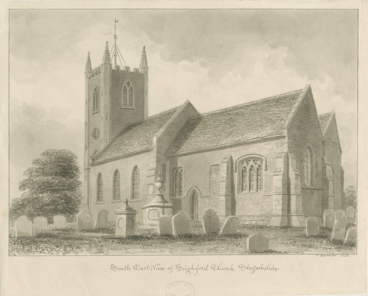 Seighford Church: szépia mosás rajza, 1842 alkotó: John Buckler