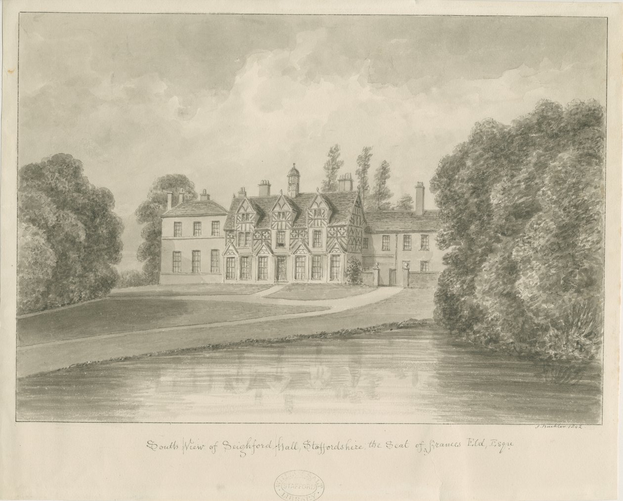 Seighford Hall: szépia rajz alkotó: John Buckler
