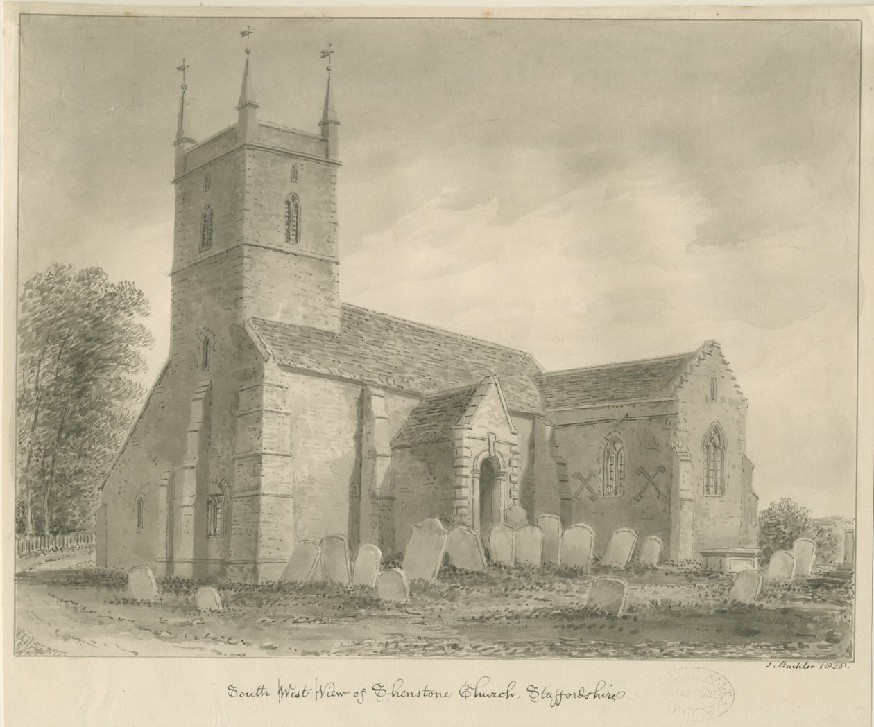 Shenstone templom: szépia rajz alkotó: John Buckler