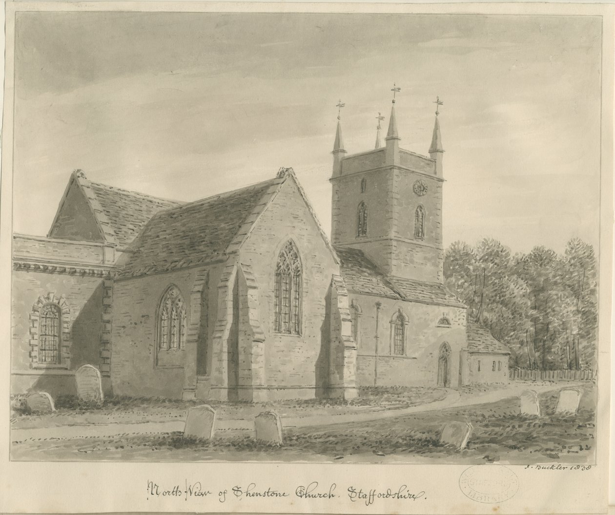 Shenstone templom: szépia rajz alkotó: John Buckler