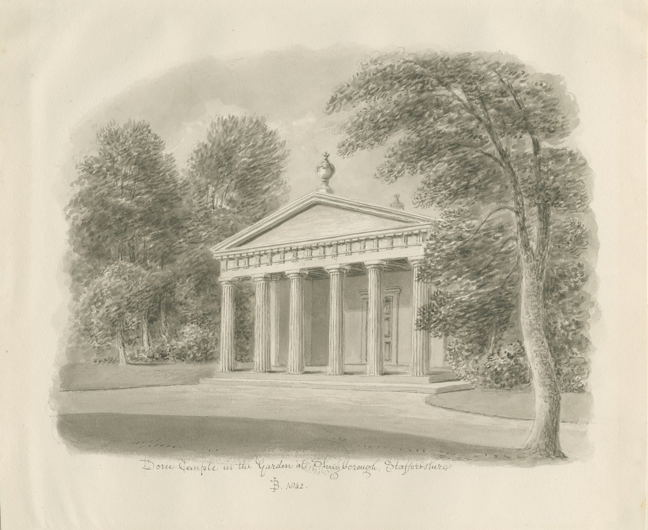 Shugborough – Dór templom: szépia rajz, 1842 alkotó: John Buckler