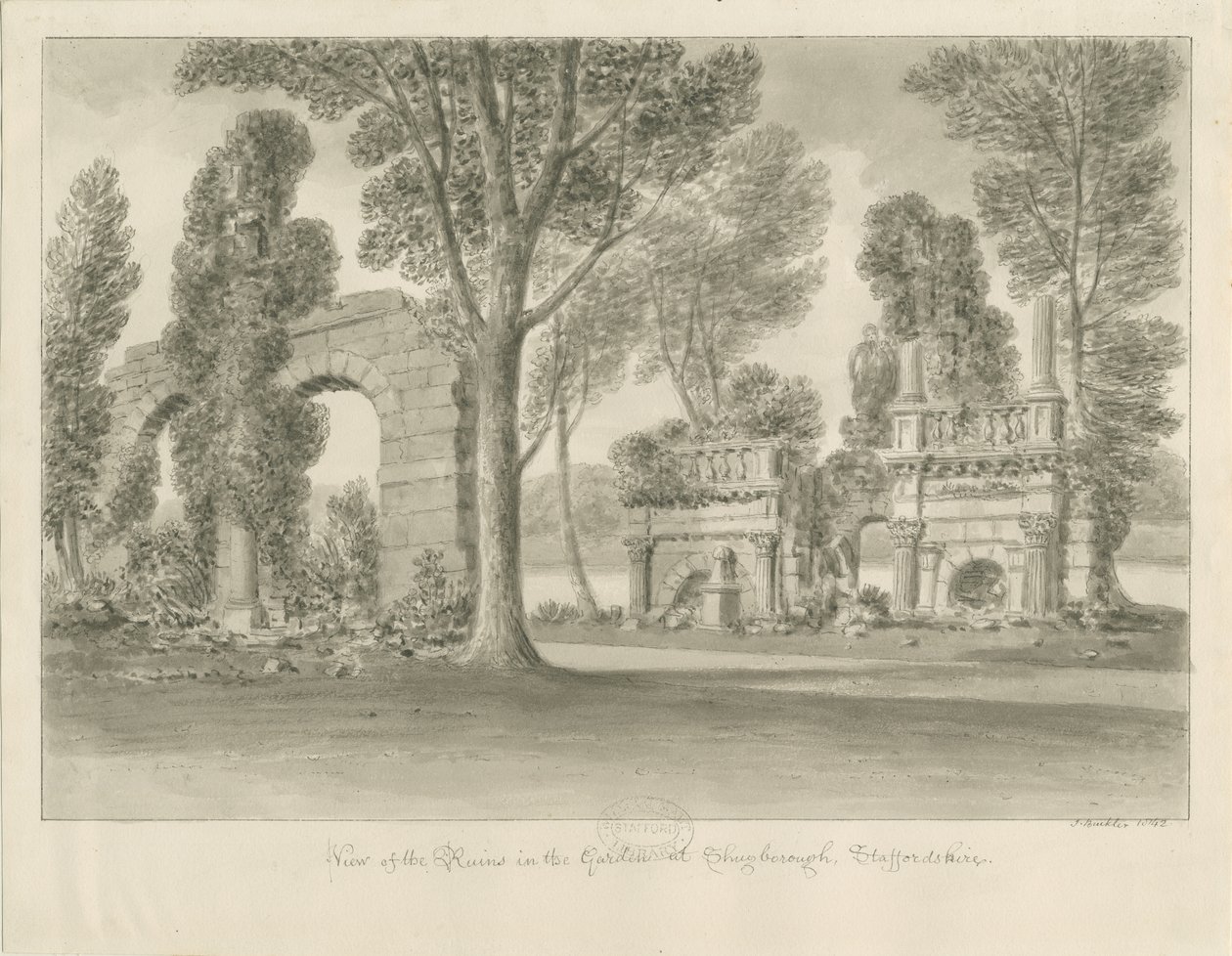 Shugborough - Romok a kertben: szépia rajz alkotó: John Buckler