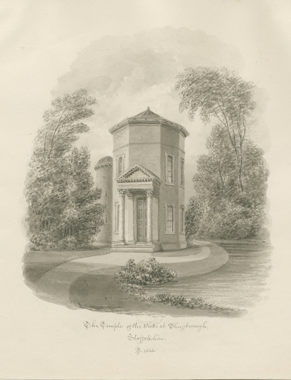 Shugborough – A szelek temploma: szépia rajz, 1843 alkotó: John Buckler