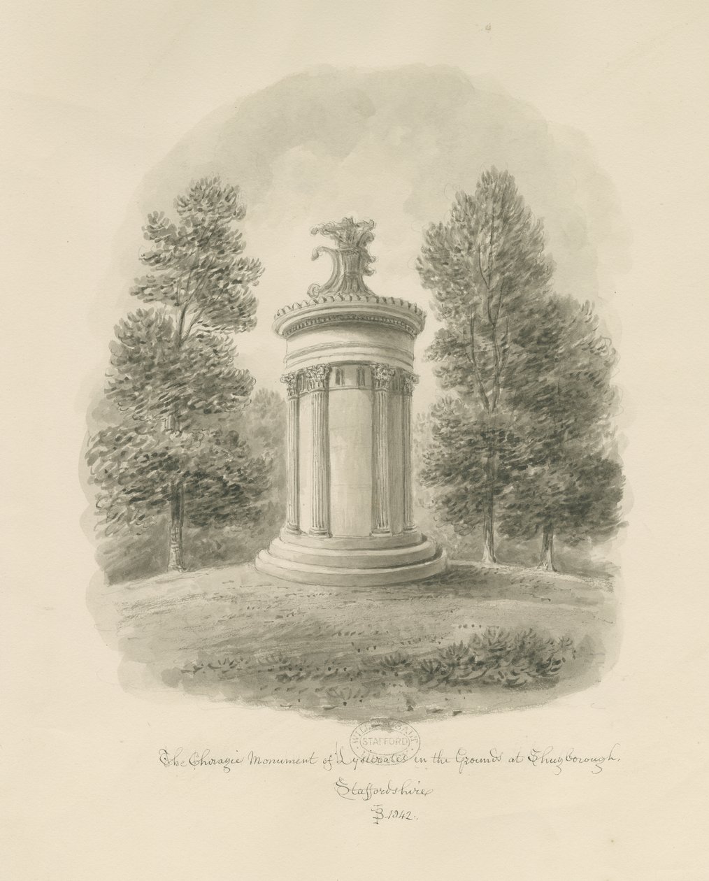 Shugborough - Lizikratész korágikus emlékműve: szépia rajz alkotó: John Buckler