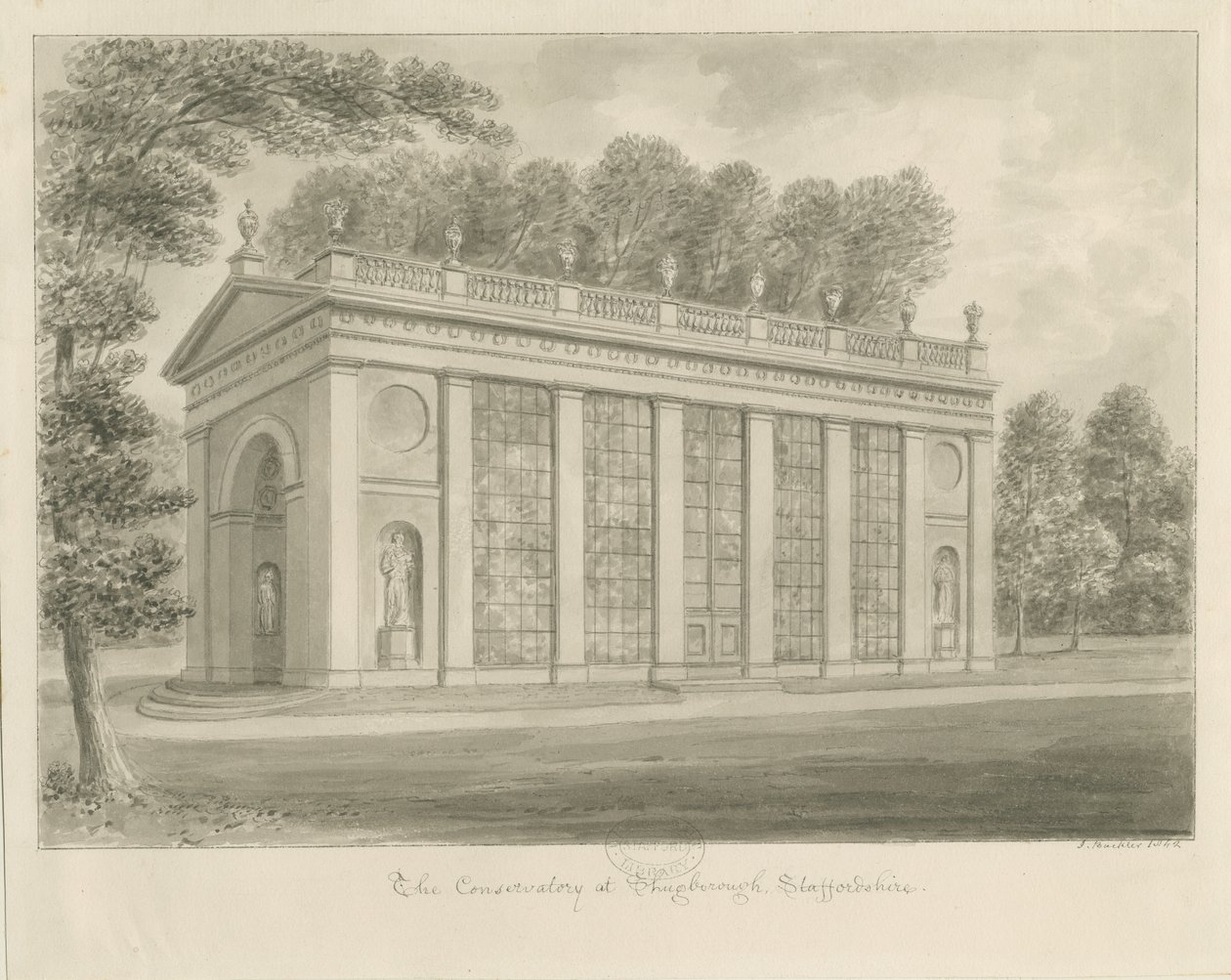 Shugborough Hall - Konzervatórium: szépia rajz alkotó: John Buckler