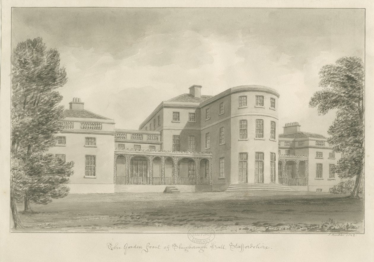 Shugborough Hall – Kertfront: szépia rajz, 1842 alkotó: John Buckler