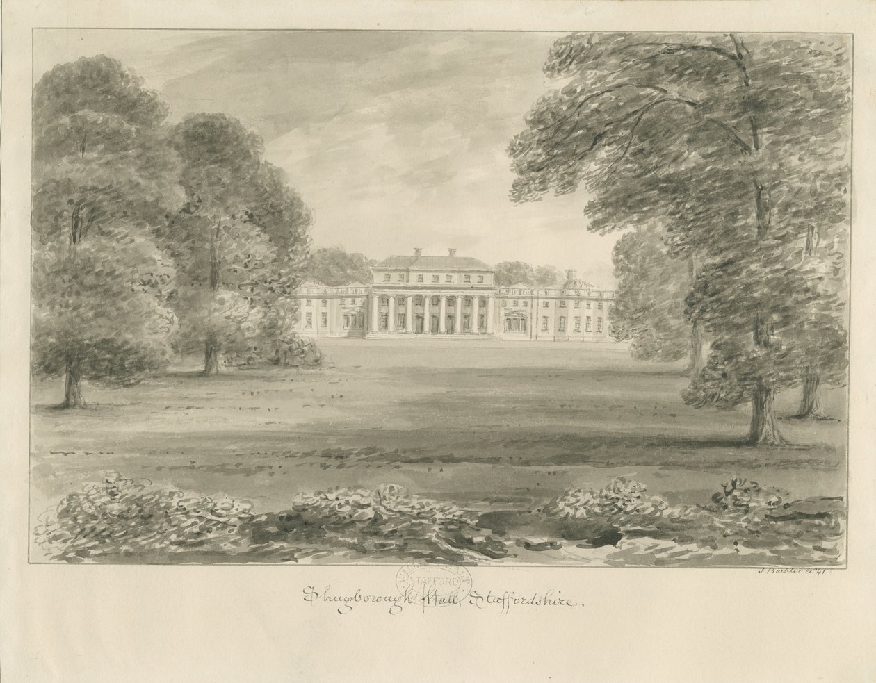 Shugborough Hall: szépia rajz alkotó: John Buckler