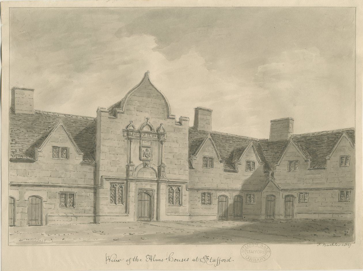 Stafford – Alms Houses: szépia rajz, 1837 alkotó: John Buckler