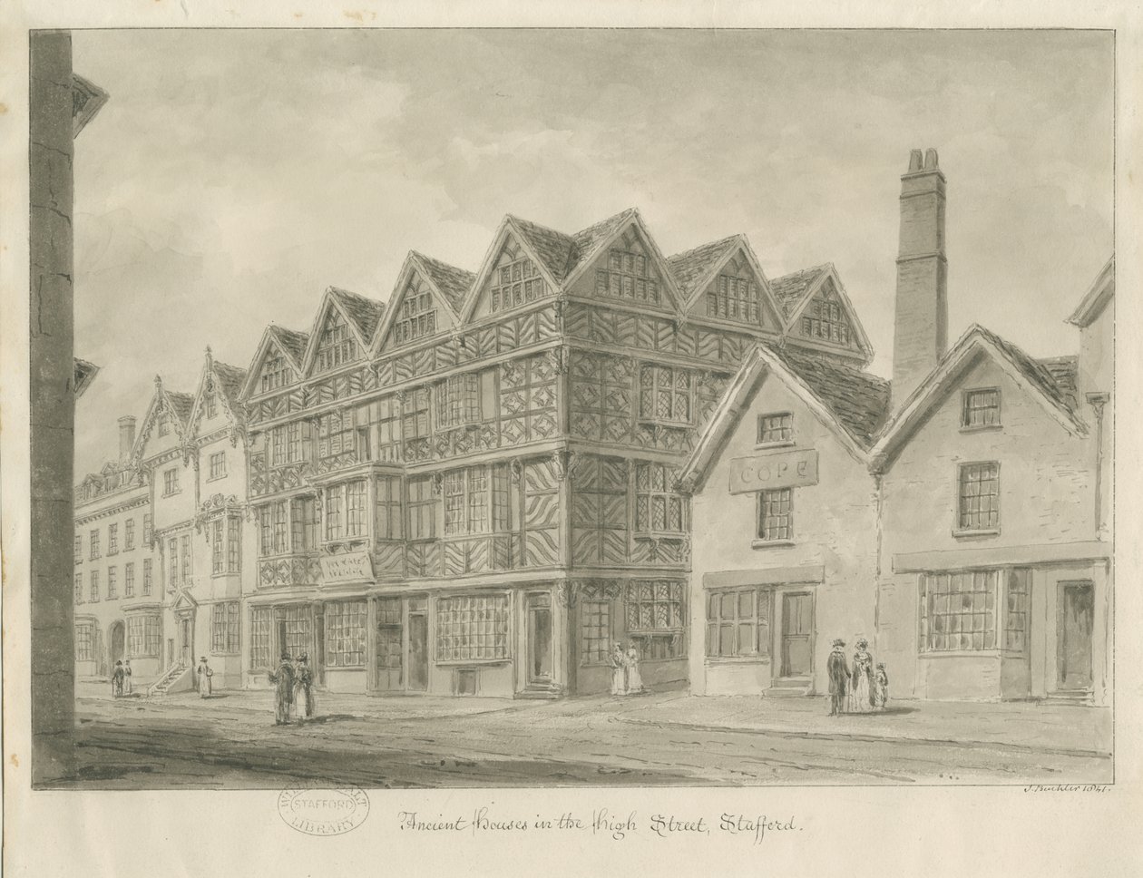 Stafford - Ősi "High House": szépia rajz, 1841 alkotó: John Buckler