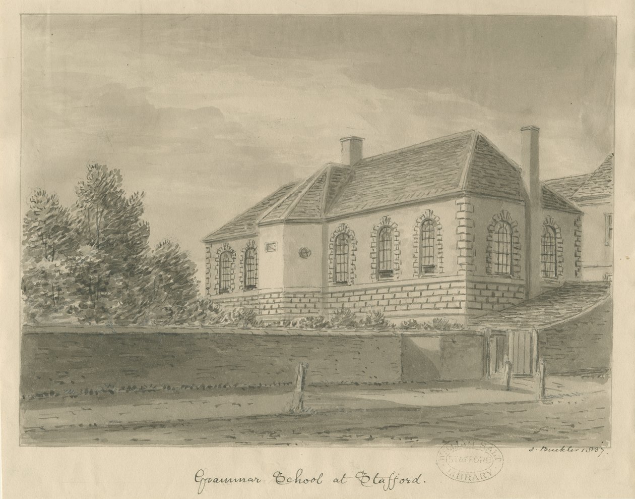 Stafford – Gimnázium: szépia rajz, 1837 alkotó: John Buckler