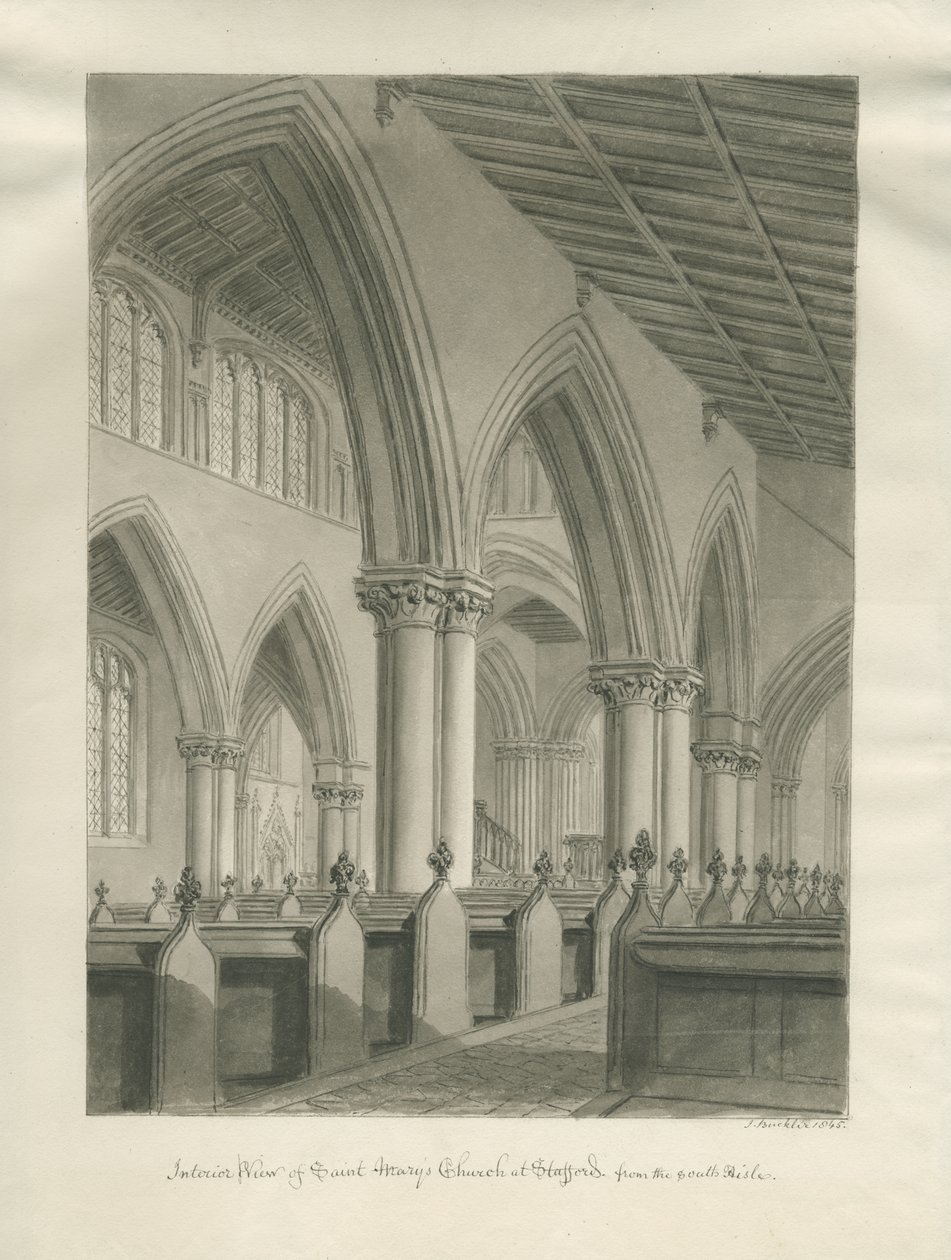 Stafford – A Szent Mária-templom belseje: szépia rajz, 1845 alkotó: John Buckler