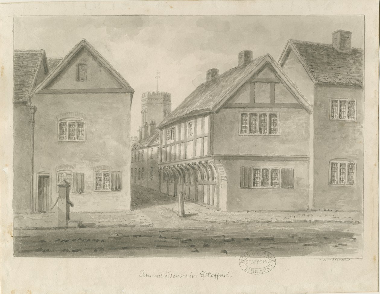 Stafford - Little Church Lane: szépia rajz, 1841 alkotó: John Buckler