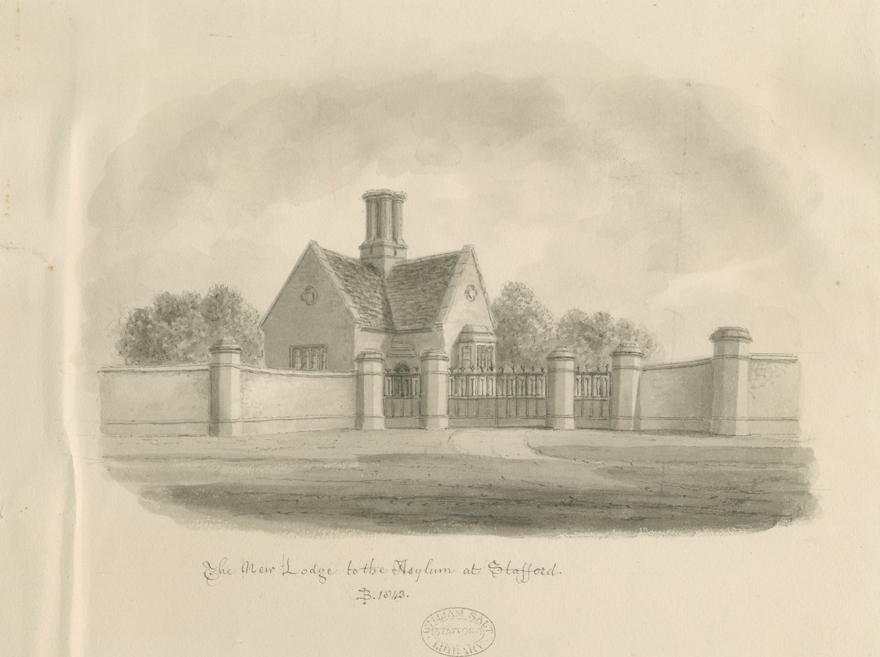 Stafford – New Lodge to the Asylum: szépia rajz, 1843 alkotó: John Buckler