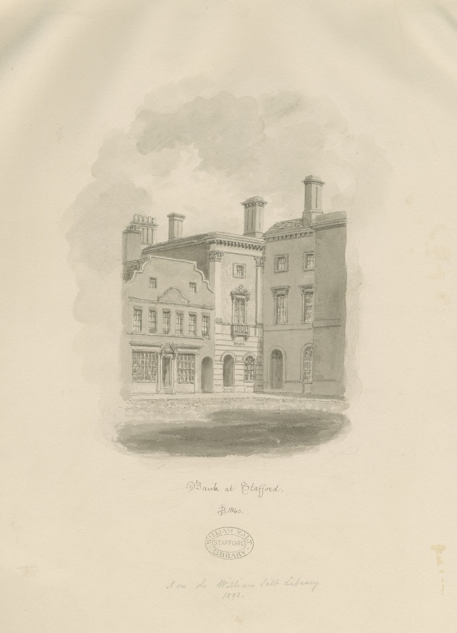 Stafford - Old Bank a Market Square-en: szépia rajz alkotó: John Buckler