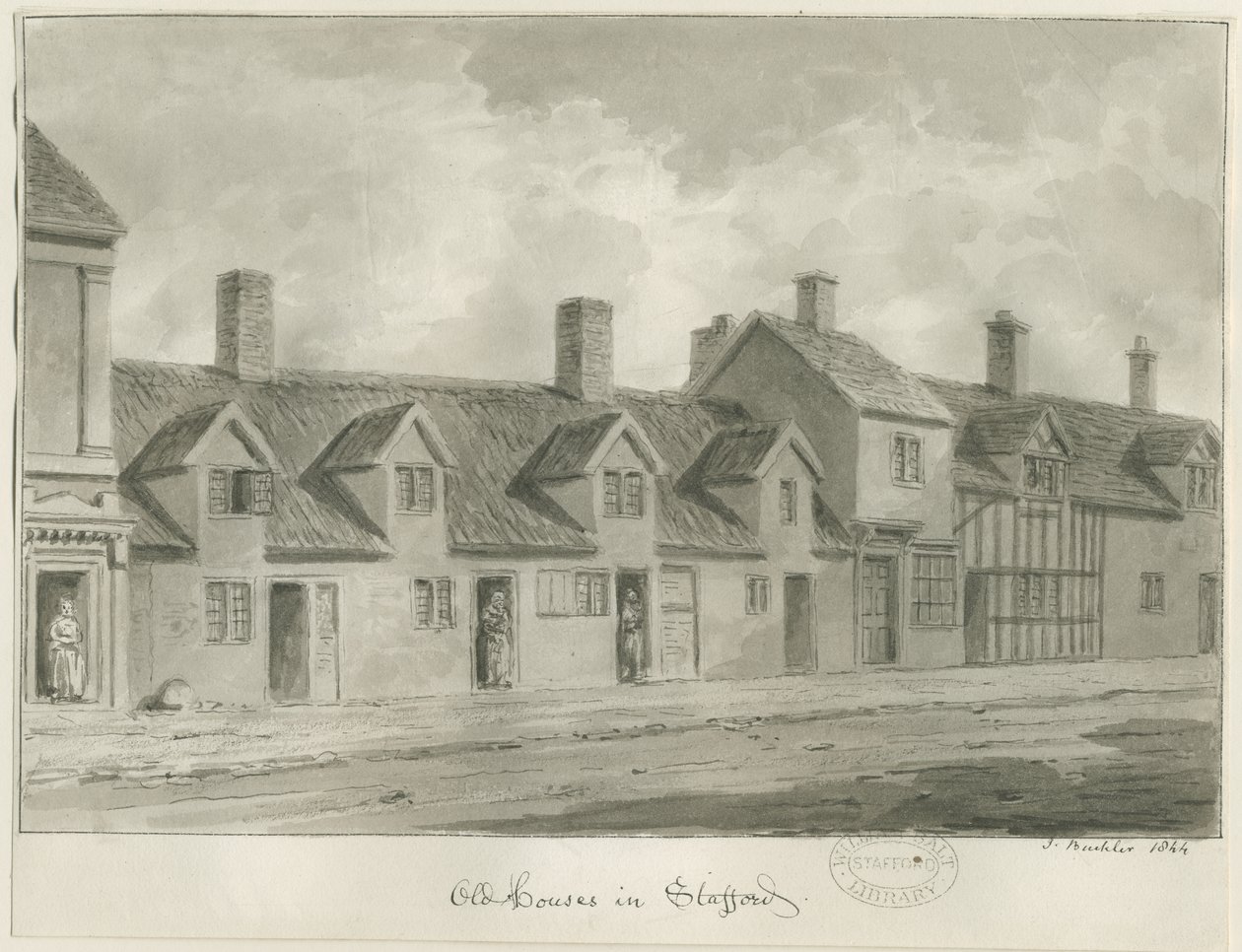 Stafford - Old Houses [az Eastgate Streeten]: szépia rajz, 1844 alkotó: John Buckler
