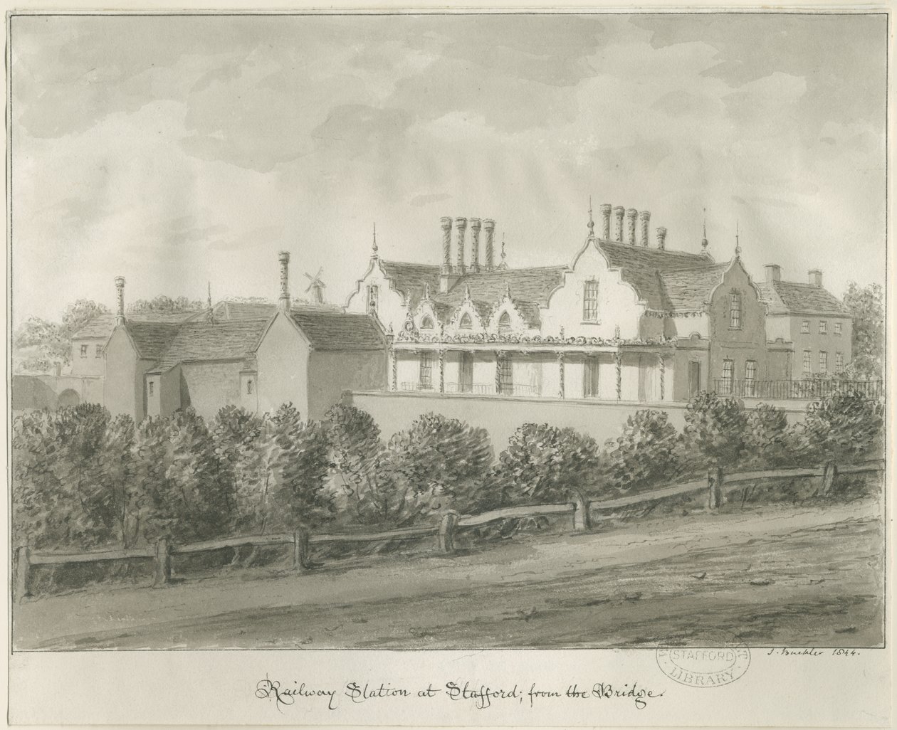 Stafford – pályaudvar: szépia rajz, 1844 alkotó: John Buckler