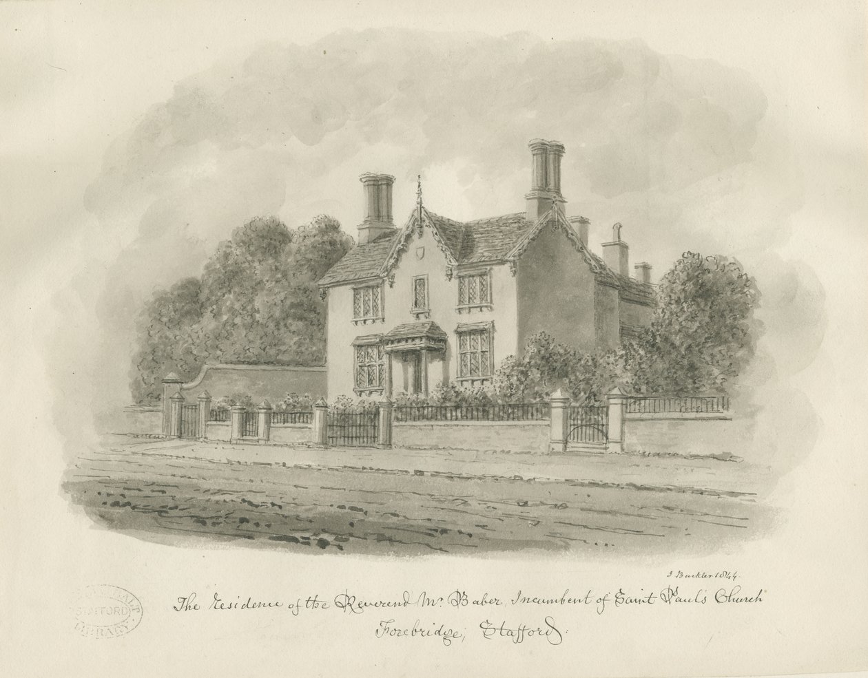 Stafford - Baber tiszteletes lakóhelye: szépia rajz, 1844 alkotó: John Buckler