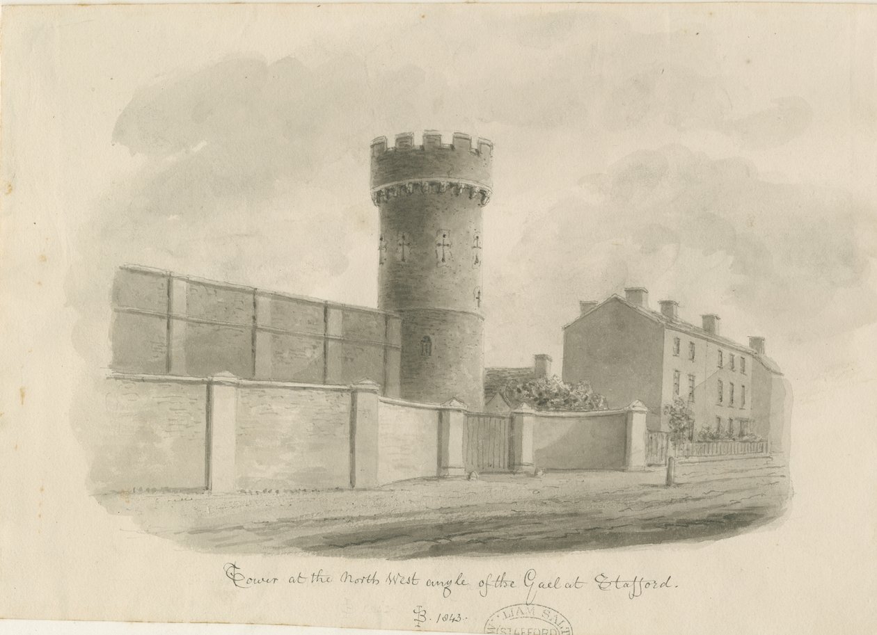 Stafford – A börtön kerek tornya: szépia rajz, 1843 alkotó: John Buckler