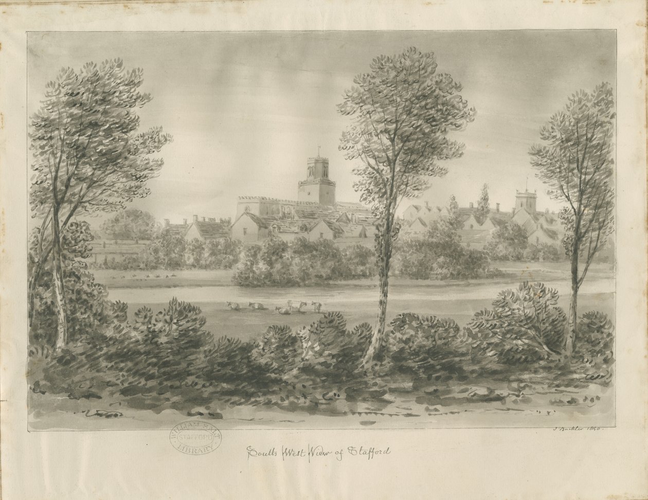 Stafford - Délnyugati nézet: szépia rajz alkotó: John Buckler