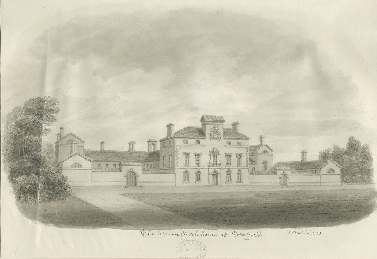 Stafford - Union Workhouse: szépia rajz alkotó: John Buckler