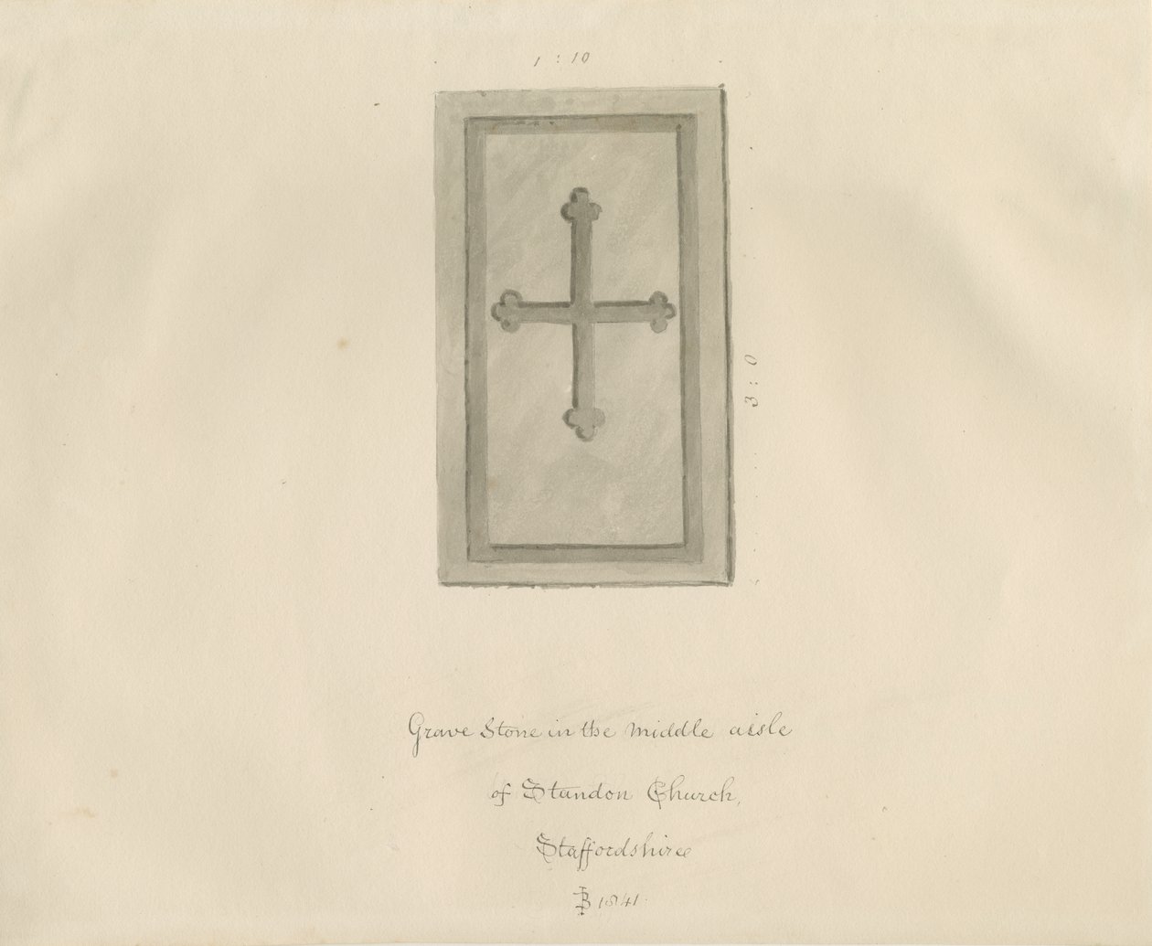 Standon templom - Sírkő: szépia rajz alkotó: John Buckler
