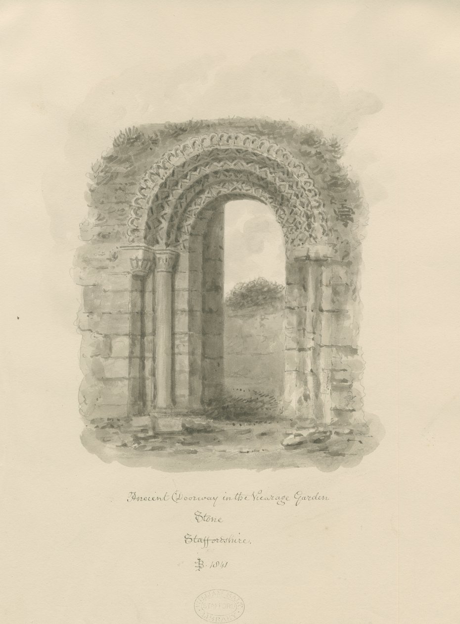 Kő – Ősi ajtónyílás a lelkészkertben: szépia rajz, 1841 alkotó: John Buckler
