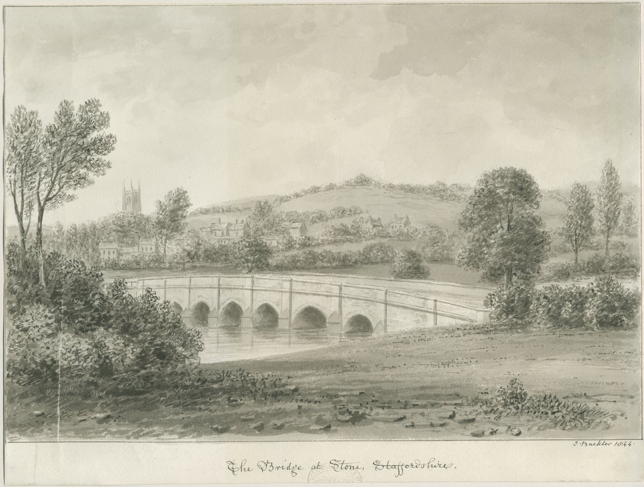 Kő – híd a Trent folyón: szépiamosás rajz, 1844 alkotó: John Buckler
