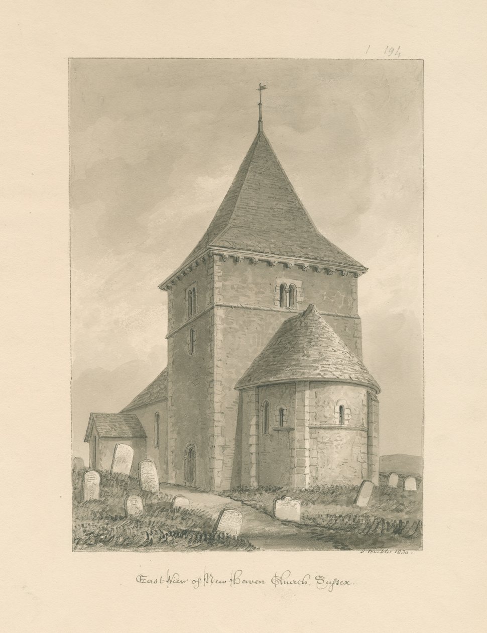 Sussex - Newhaven Church: szépia rajz, 1830 alkotó: John Buckler
