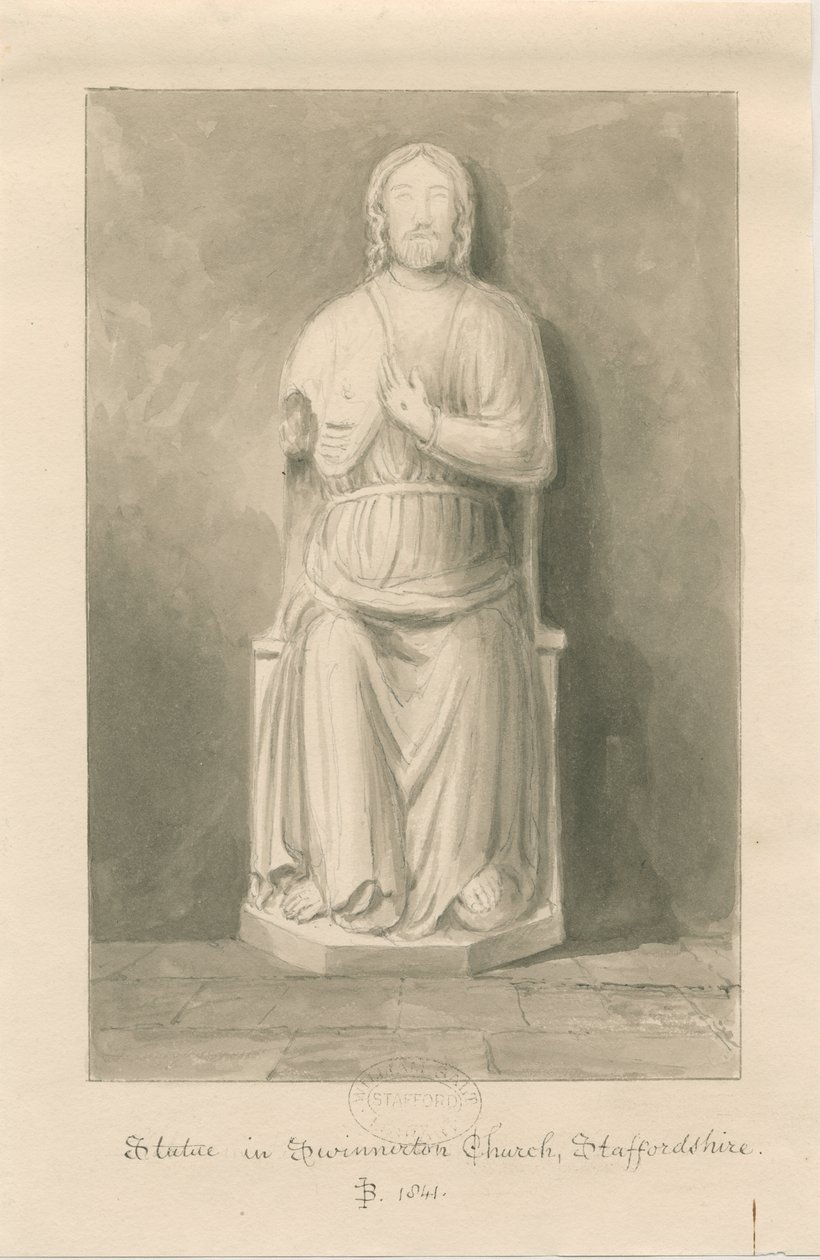 Swynnerton templom - Jézus Krisztus szobra: szépia mosás rajz alkotó: John Buckler