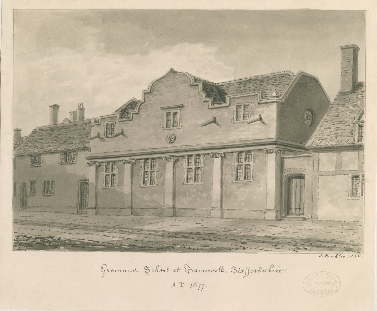 Tamworth - Gimnázium: szépia rajz, 1838 alkotó: John Buckler