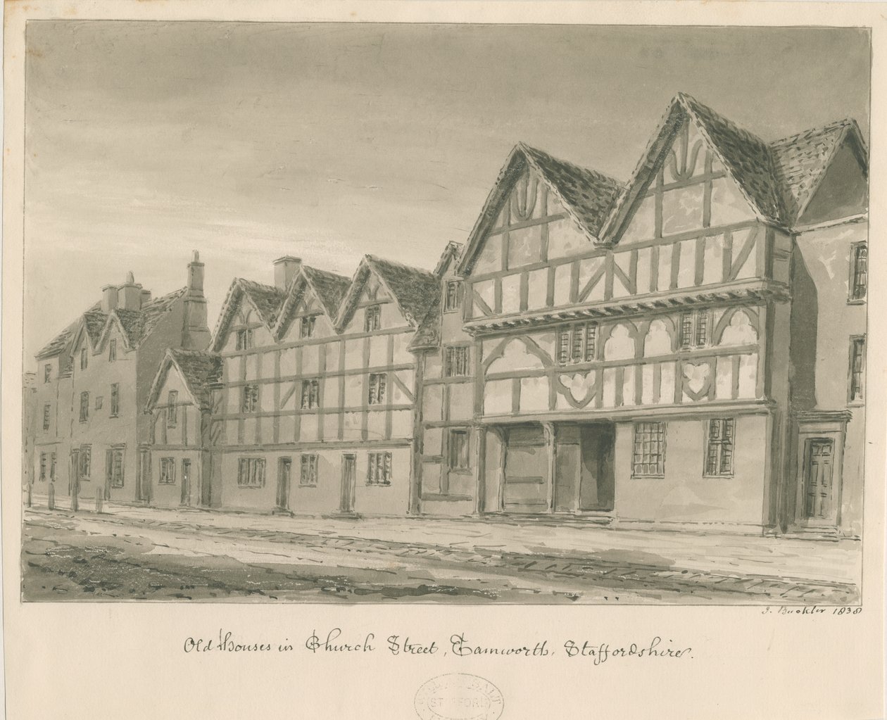 Tamworth - Old Houses in Church Street: szépia mosás rajz, 1838 alkotó: John Buckler
