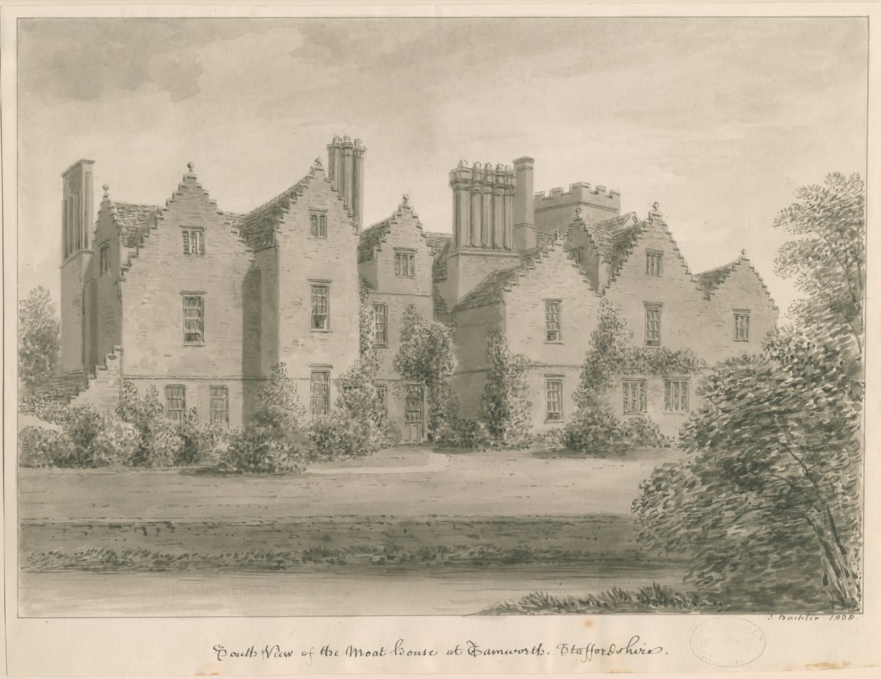 Tamworth - The Moat House: szépia rajz alkotó: John Buckler