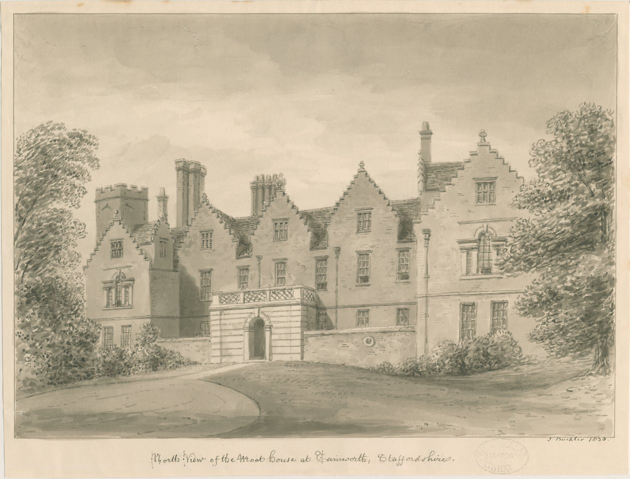 Tamworth - The Moat House: szépia rajz alkotó: John Buckler