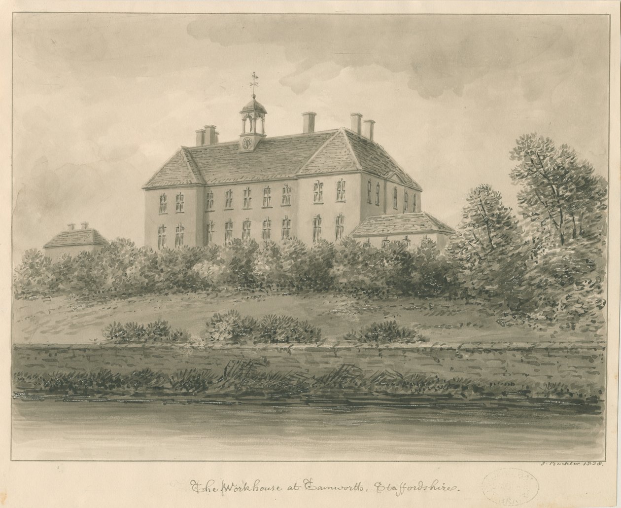 Tamworth – The Workhouse: szépia rajz, 1838 alkotó: John Buckler