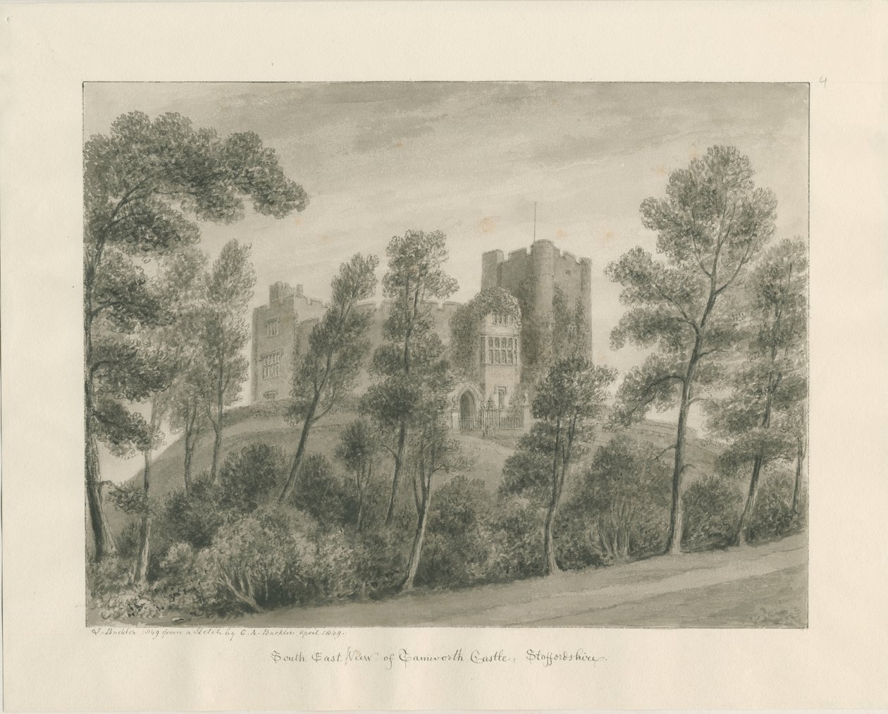 Tamworth kastély: szépia rajz, 1849. ápr (rajz) alkotó: John Buckler
