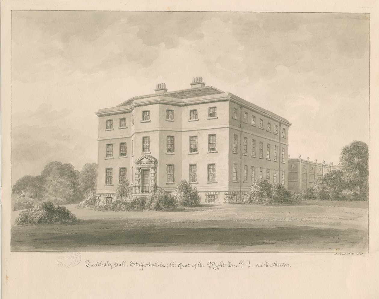 Teddesley Hall: szépia mosás rajza, 1841 alkotó: John Buckler