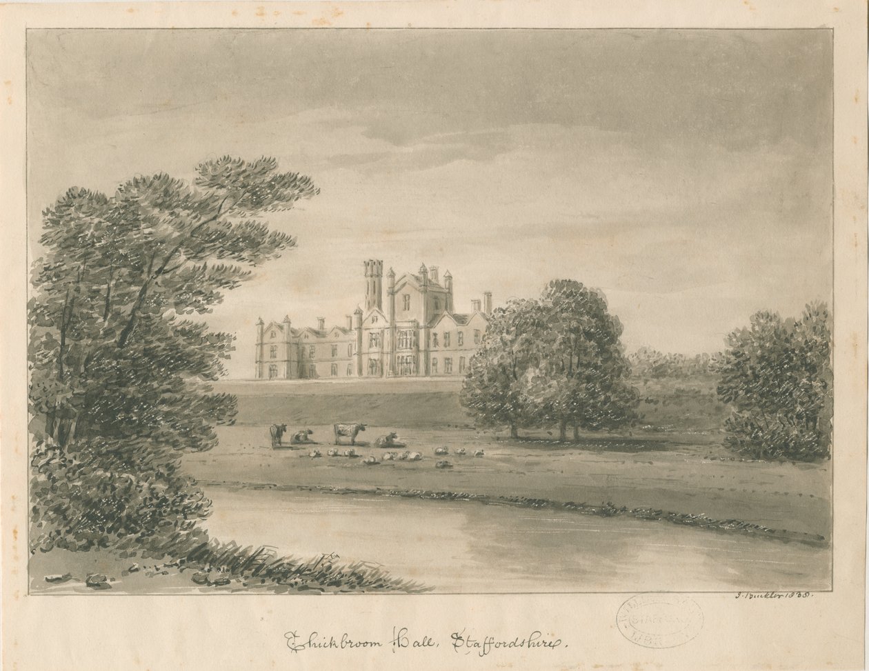 „Thickbroom Hall” [Manley Hall]: szépia mosás rajz alkotó: John Buckler