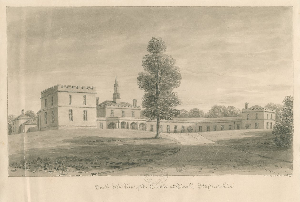 Tixall Hall – Istállók: szépia rajz, 1841 alkotó: John Buckler