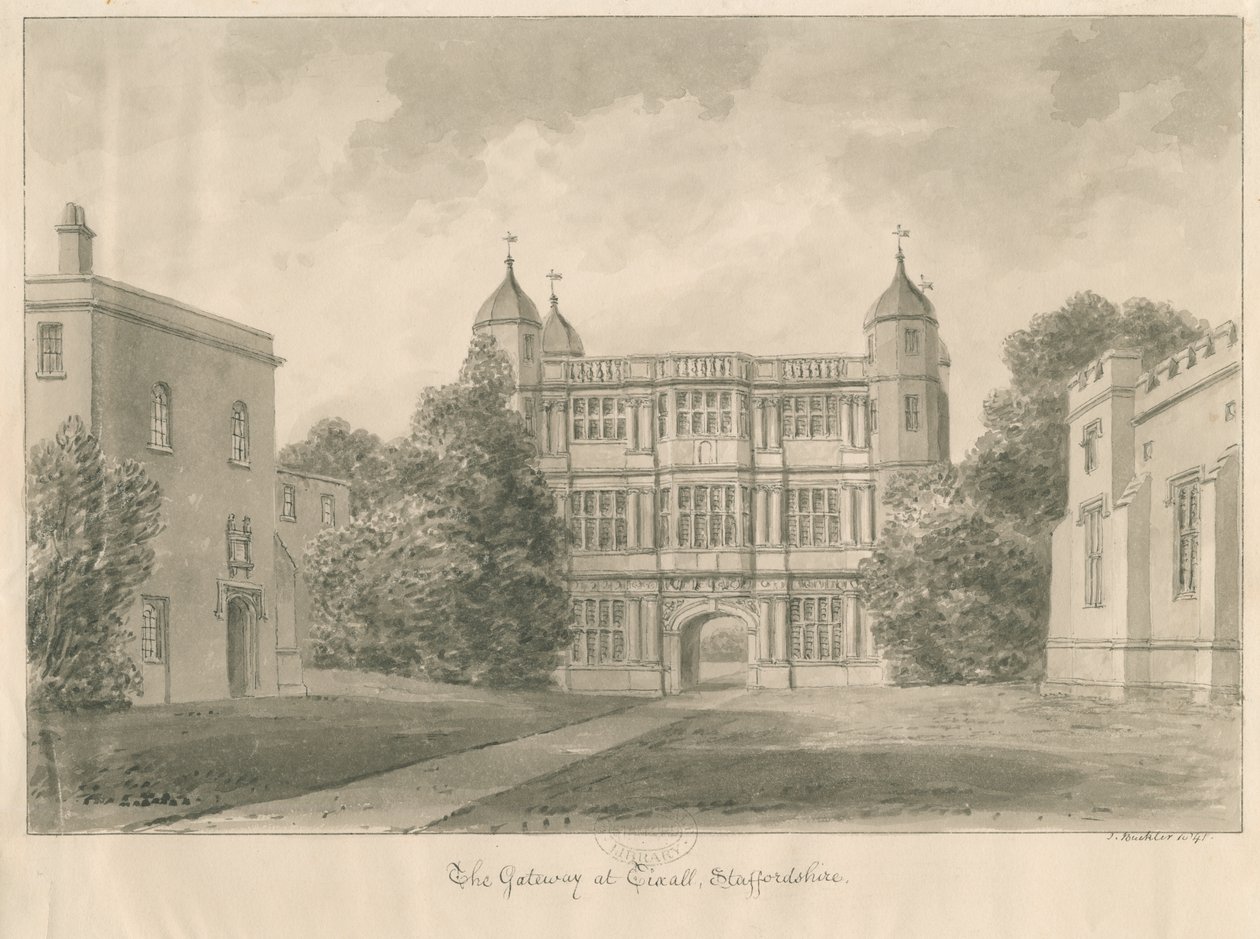 Tixall Hall és Gatehouse: szépia rajz, 1841 alkotó: John Buckler