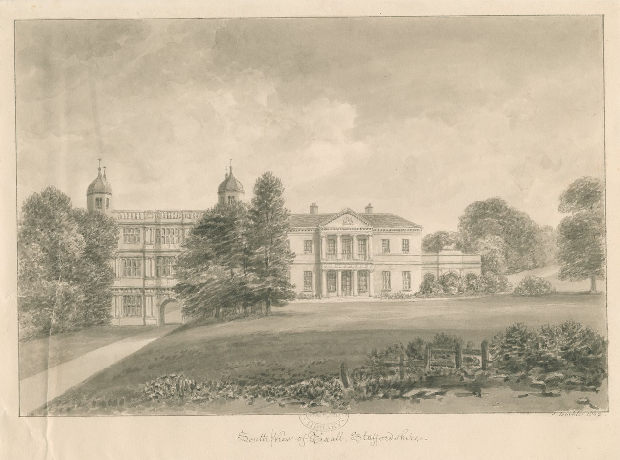 Tixall Hall és Gatehouse: szépia mosórajz, 1842 alkotó: John Buckler