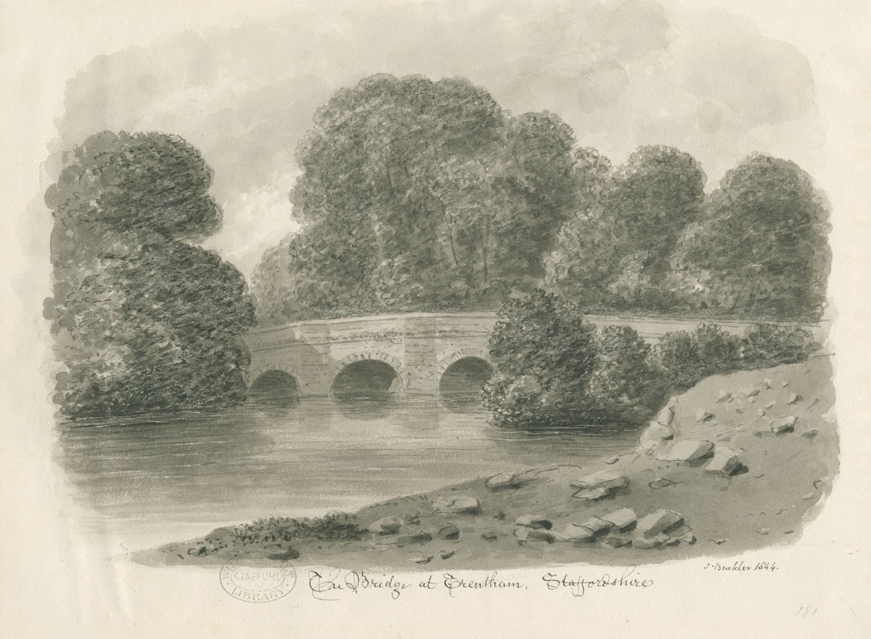 Trentham Hall – Híd: szépia mosás rajza, 1844 alkotó: John Buckler
