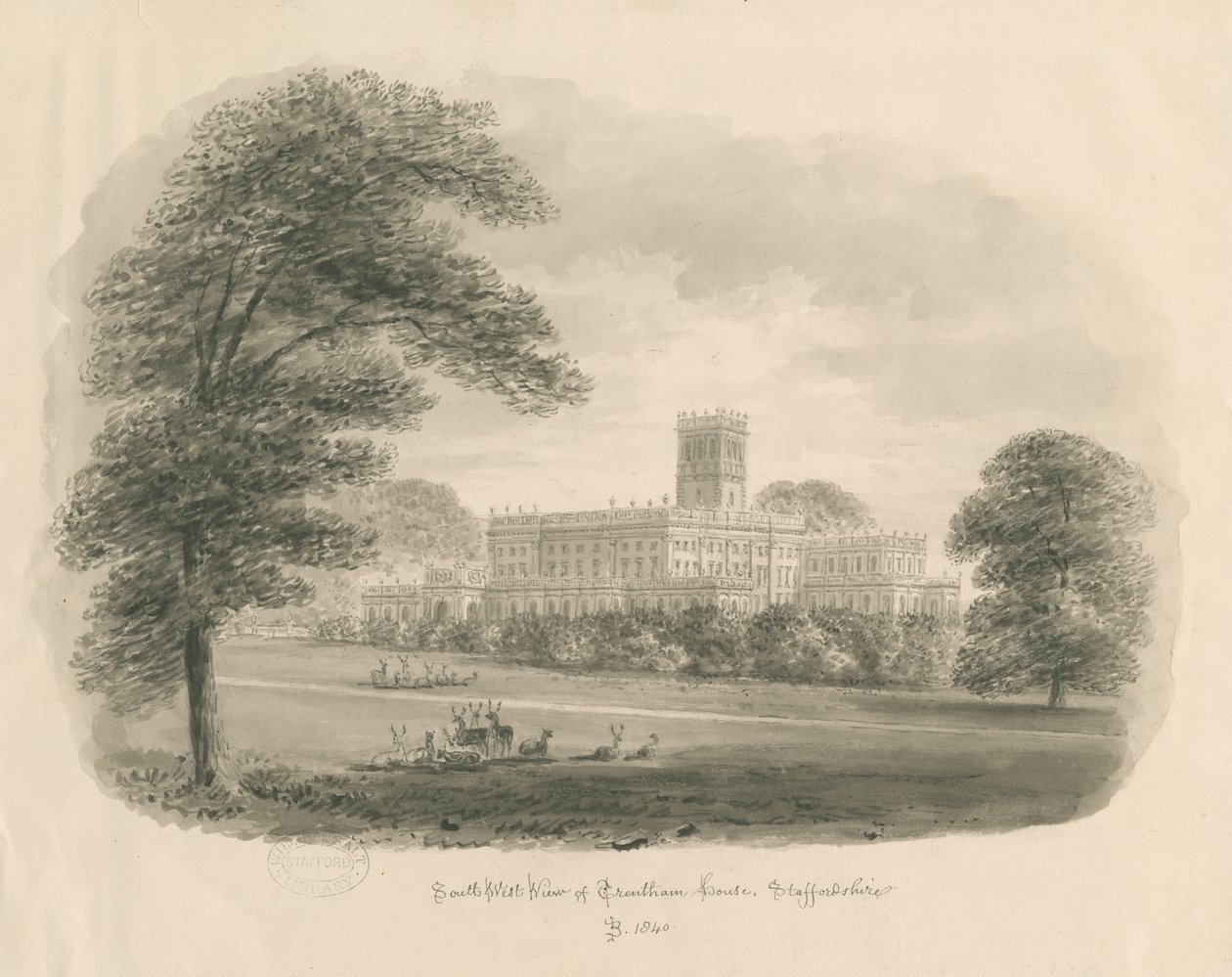 Trentham Hall: szépia rajz, 1840 alkotó: John Buckler